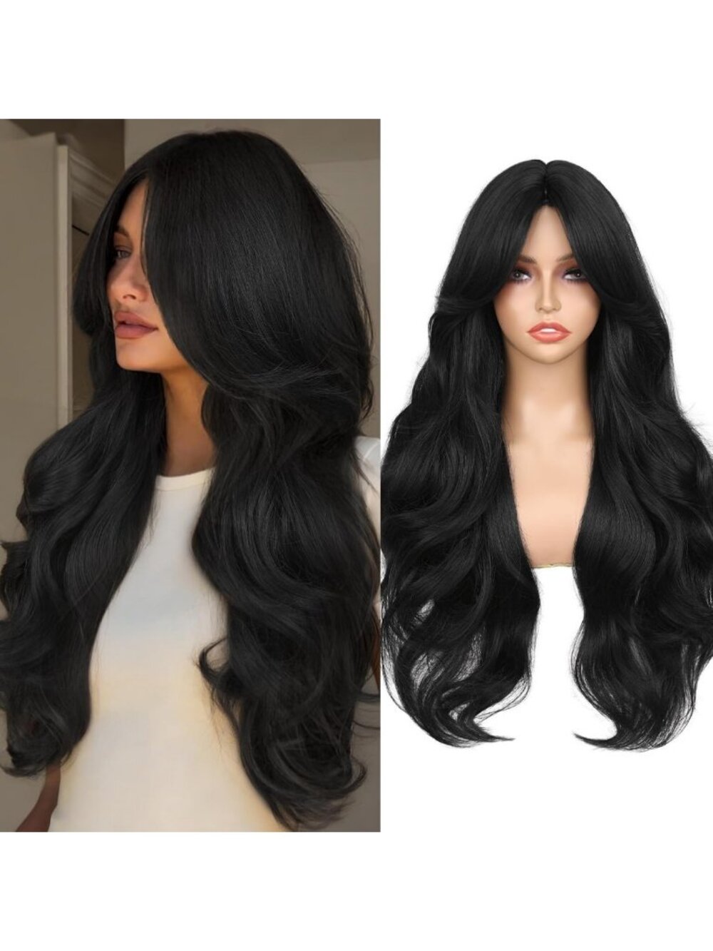 26" Long Wavy Synthetic Wig with Curtain Bangs | Heat-Resistant, Pre-Cut Lace